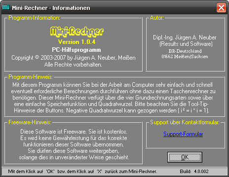 Informationsfenster des Mini-Rechners.